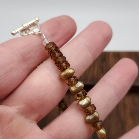 8 Inch 925 Sterling Silver Brown Genuine Pearls And Crystals Bracelet - Picture 3 of 7